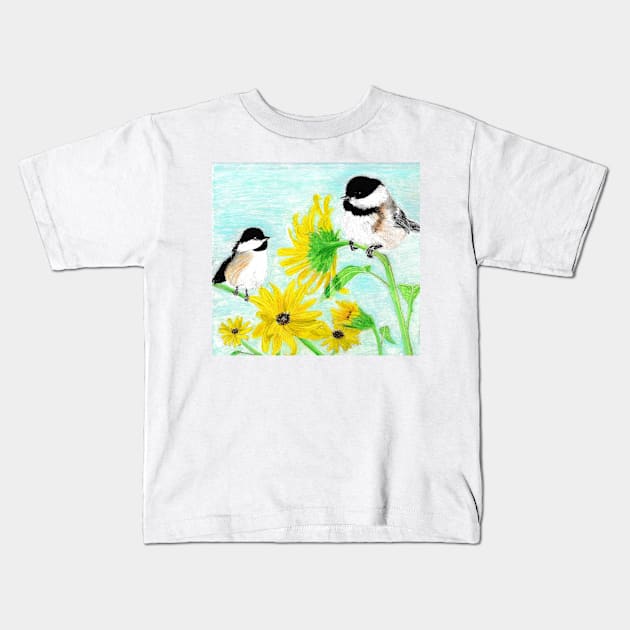 Chickadees & Sunflowers Kids T-Shirt by NatureLady